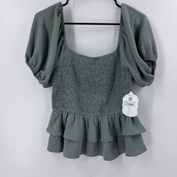 Altar'd State Green Peplum Blouse with Ruffled Short Sleeves - Picture 2 of 8